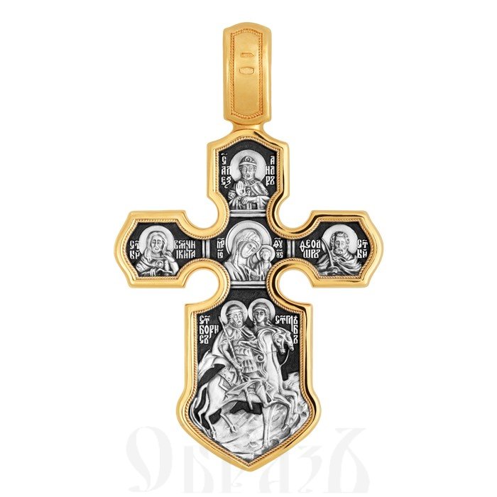 крест «распятие. казанская икона божией матери с предстоящими святыми», серебро 925 проба с золочением (арт. 101.062)